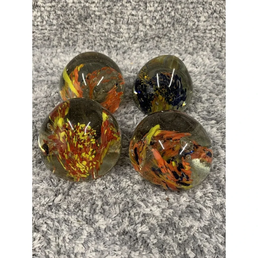 4 Hand Blown Art Glass Paperweight Bubble Sphere Yellow‎ Orange Blue Red